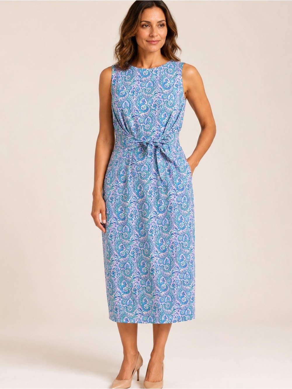 Antonio Melani Petra Midi Dress Womens 8 Pink Blue Paisley 100% Cotton Lined